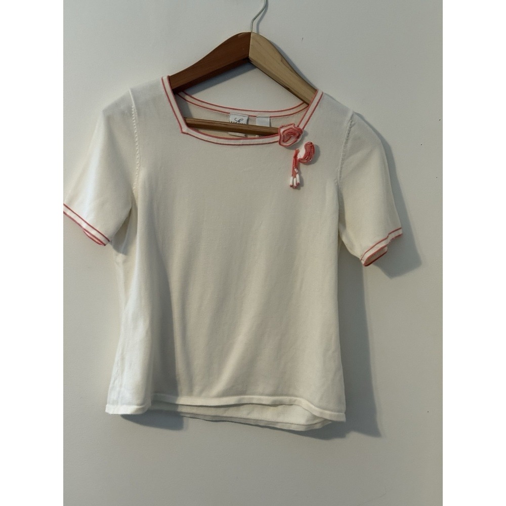 Emma James By Liz Claiborne L White sweater Pink Flower square Neck cottage Chic